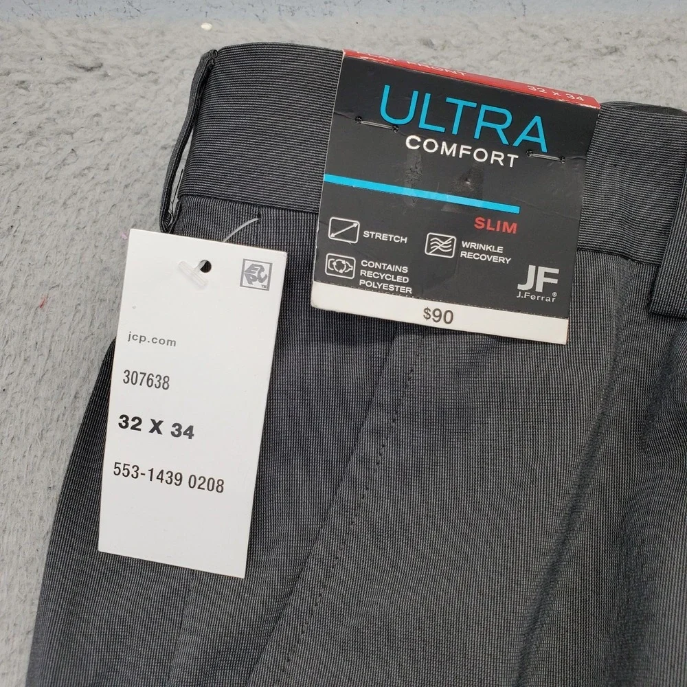 J. Ferrar Pants Mens 32x34 Gray Adjustec Stretch Slim Ultra Comfort Flat Front